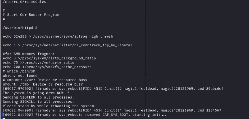 A terminal window is open displaying a system log. The log shows processes related to system initialization, with details like process IDs and memory addresses. Specific entries highlight the busy state of processes and system reboot activities. 