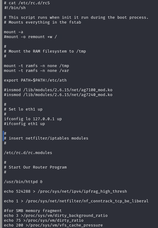 Screenshot of a code snippet related to network and system configuration. It includes commands for mounting the RAM filesystem, network interface setup, and inserting network modules and iptables.