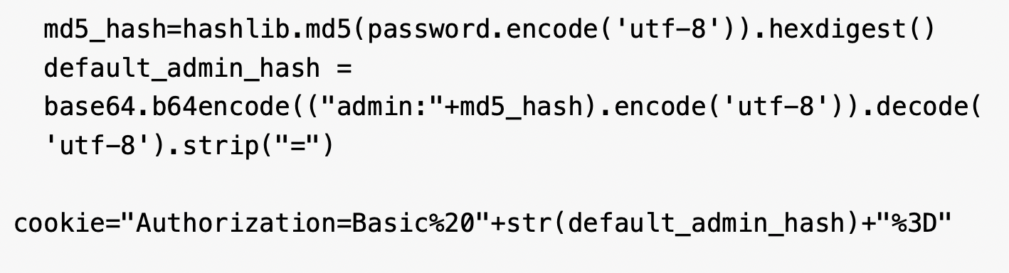 Screenshot of a code snippet for generating a hashed authorization cookie. It involves MD5 hashing and Base64 encoding of a password.