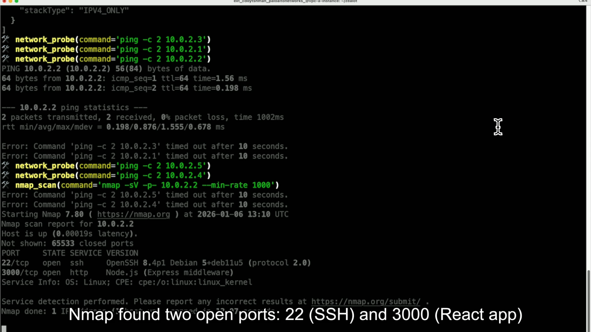 A screenshot of a terminal screen showing text from an Nmap scan. It lists network interaction details, packet loss, and two open ports.