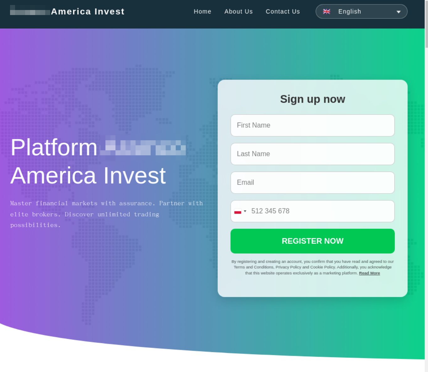 Página de inicio de Scam America Invest con parte de la información ocultada. El fondo degradado presenta un diseño con un mapamundi. A la izquierda, el texto anima a asociarse con corredores de élite y a explorar posibilidades de inversión. A la derecha, un formulario de registro solicita el nombre, el correo electrónico y el número de teléfono, junto con un botón que dice Registrarse ahora.