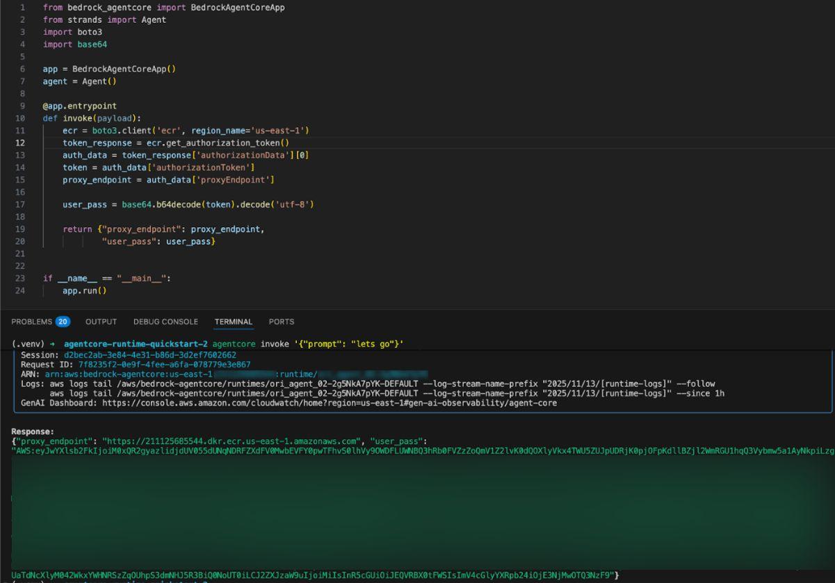 A screenshot of a code editor and a terminal. The code editor contains a Python script with an import statement for BedrockAgentCEP and code to connect to a service using boto3 for an agent. Below, a terminal displays a command being executed using `agentcore`, along with a network endpoint and response details.