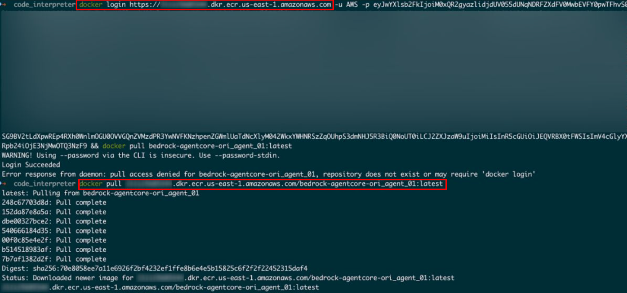 A screenshot of a terminal displaying code and error messages related to Docker login and image pulling. It shows attempts to access a repository from Amazon's Elastic Container Registry. The error message indicates access denial. There are also multiple lines displaying "Pull complete" with corresponding hashes.