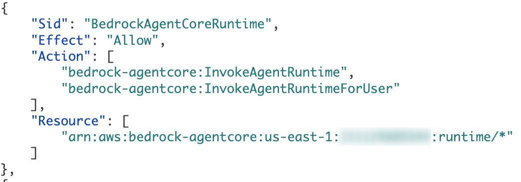 A screenshot of a JSON code snippet showing permissions for "BedrockAgentCoreRuntime." The "Effect" is set to "Allow," with several "Actions"" included. The "Resource" specifies an AWS ARN in a specified region.