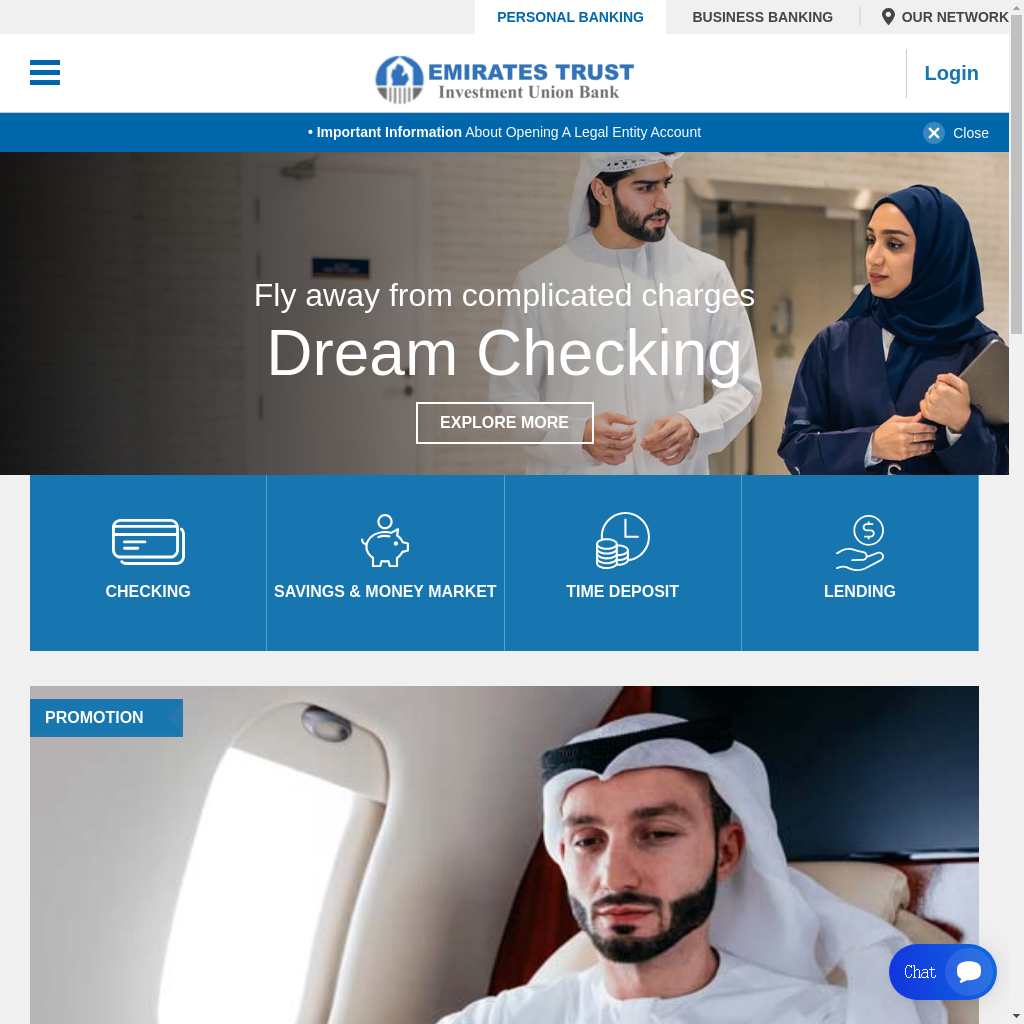 Page frauduleuse « Emirates Trust Investment Union Bank ». L’en-tête comprend des liens de navigation pour les services bancaires aux particuliers et aux entreprises, ainsi qu’une option de connexion. La section principale met en avant une offre « Dream Checking » avec le slogan « Fly away from complicated charges ». En dessous, des icônes donnent accès aux comptes courants, à l’épargne et aux comptes monétaires, aux dépôts à terme et aux solutions de prêt. Une option de chat est visible dans la barre latérale.