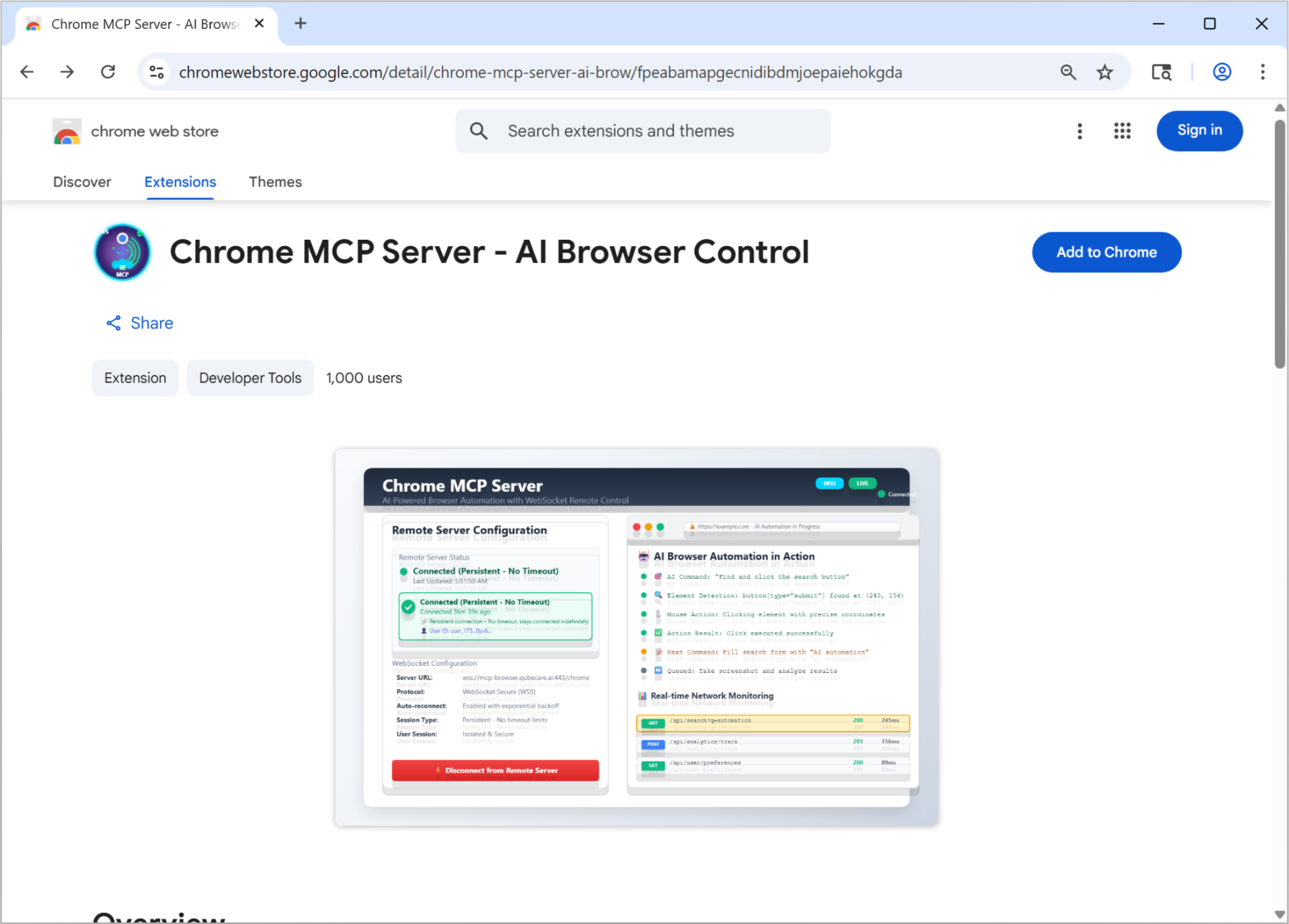 Screenshot of the Chrome Web Store featuring the "Chrome MCP Server - AI Browser Control" extension. The page shows details like user reviews and a section with screenshots, highlighting features of the extension.