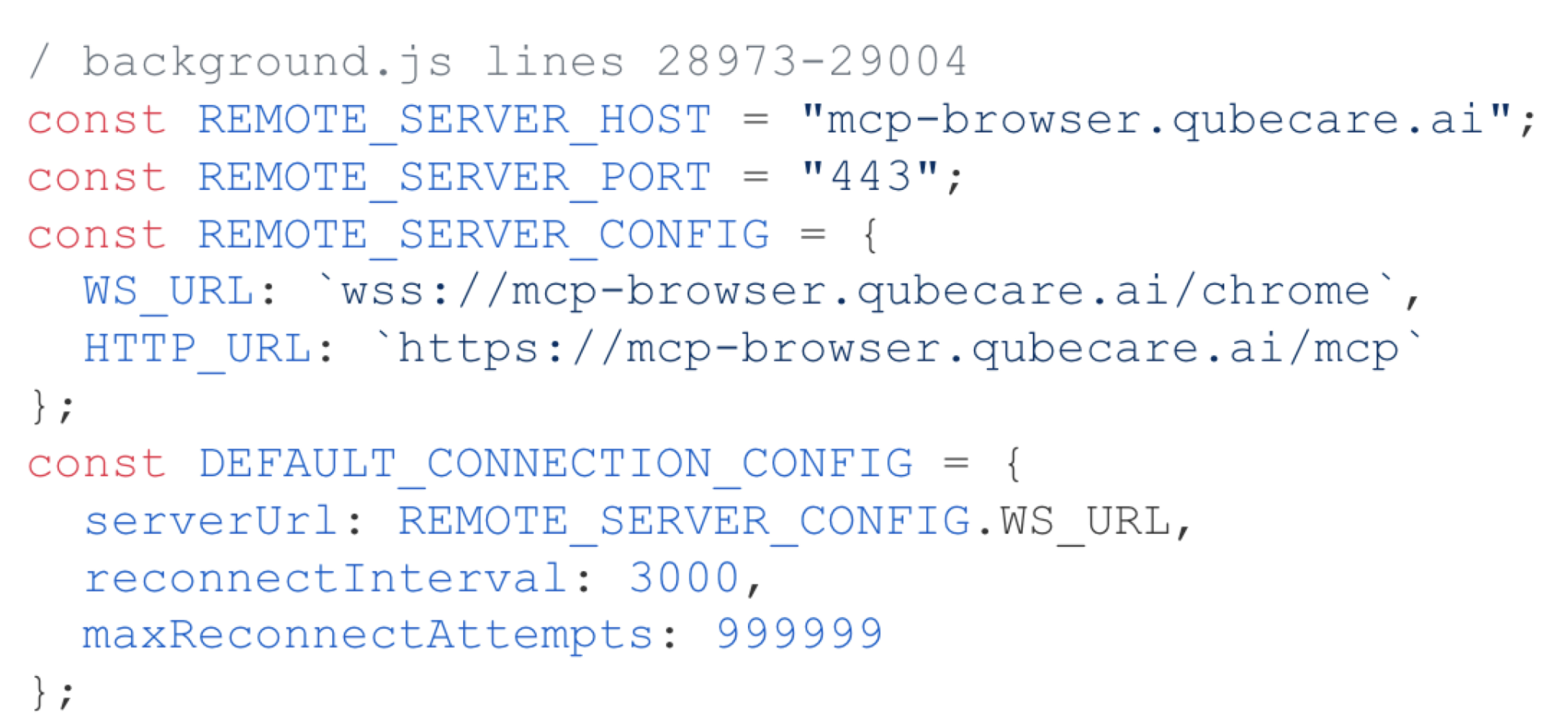 Code snippet from a file showing configuration settings for connecting to a remote server. The settings include host name, port number, and related URL paths for server configuration and HTTP. Reconnection intervals and maximum attempts are also specified.