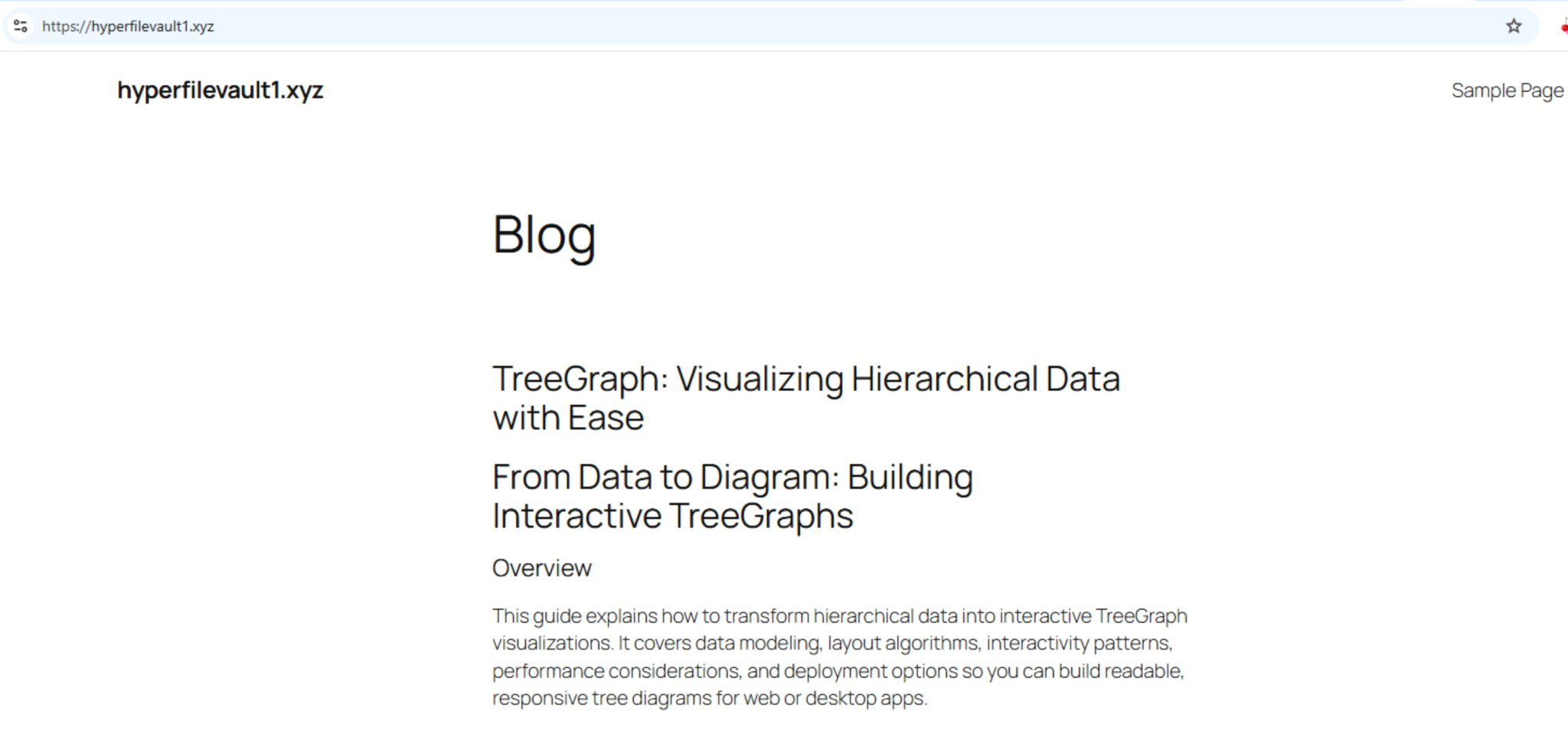 Page frauduleuse présentant un billet de blog intitulé « TreeGraph: Visualizing Hierarchical Data with Ease ». Elle comprend une vue d’ensemble et le sous-titre « From Data to Diagram: Building Interactive TreeGraphs ». 