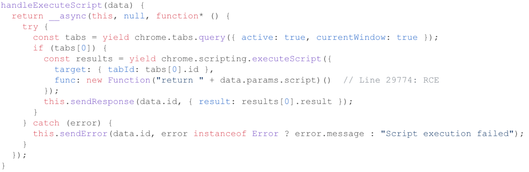 Code snippet showing a function named `handleExecuteScript` using asynchronous JavaScript. It includes a `try` block to query active Chrome tabs and executes a script. Results are processed and errors handled with a catch statement.