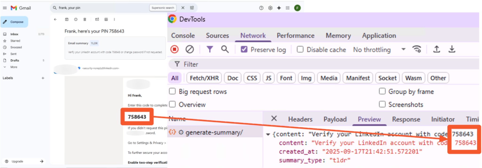 Screenshot of a split screen. On the left is a Gmail inbox with an email highlighted, containing the number 756843. On the right is a browser's DevTools displaying a JSON response with the key "content" and the value mentioning a LinkedIn account verification code, also showing the number 756843.