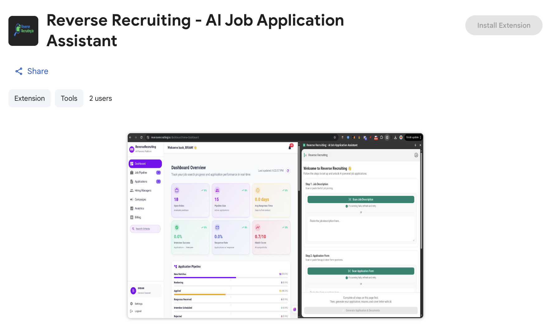Screenshot of a browser window displaying an AI job application assistant titled "Reverse Recruiting." The interface includes a dashboard overview with sections for applications, activity, and results analytics. There is an extension button on the right labeled "Install Extension," and options for sharing, accessing tools, and user information on the left.