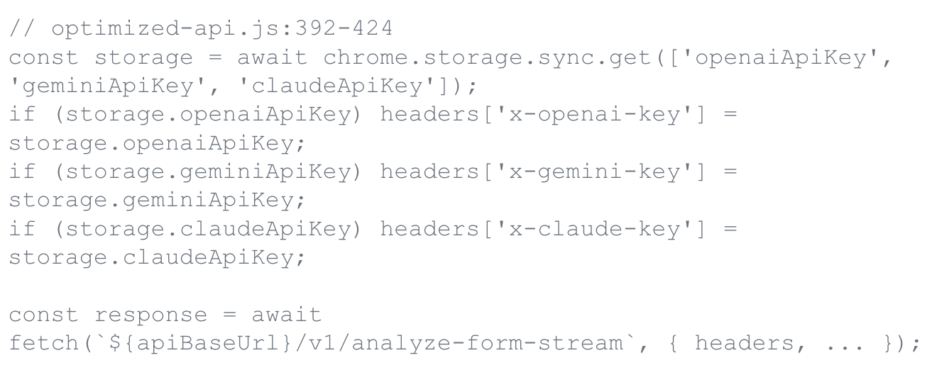 Screenshot snippet of JavaScript code is displayed, focusing on retrieving and handling API keys for OpenAI, Gemini, and Claude within a storage system. The code also includes a fetch request to an API endpoint.
