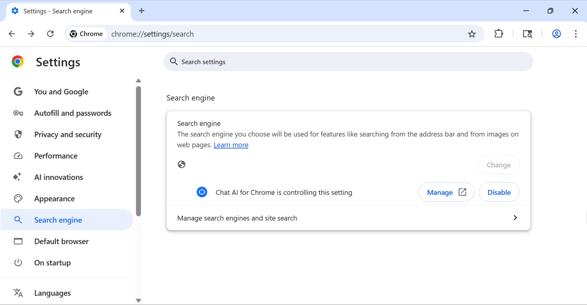 Screenshot of Google Chrome settings under "Search engine" section. It shows an option managed by "Chat AI for Chrome," with buttons to manage or disable it. Options to manage search engines and site search are visible on the sidebar.