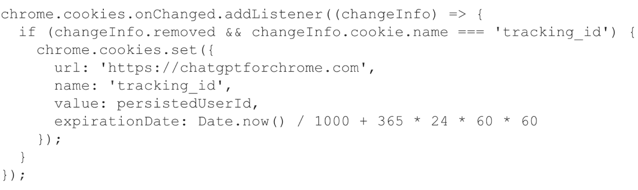 Screenshot of a code snippet for managing cookies in a web browser extension. It adds a listener to changes in cookies and sets a new cookie with the name "tracking_id" if a specific condition is met.