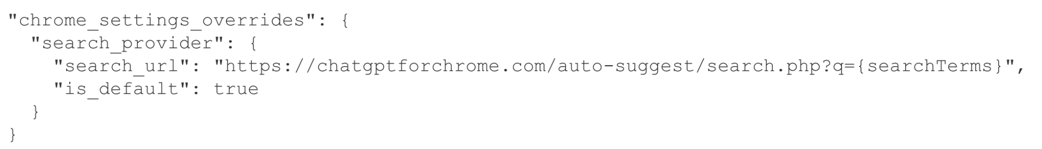 Screenshot of a code snippet showing a JSON configuration for Chrome settings overrides. It specifies a search provider with a search URL pointing to chatgptforchrome.com and includes a key "is_default" set to true.