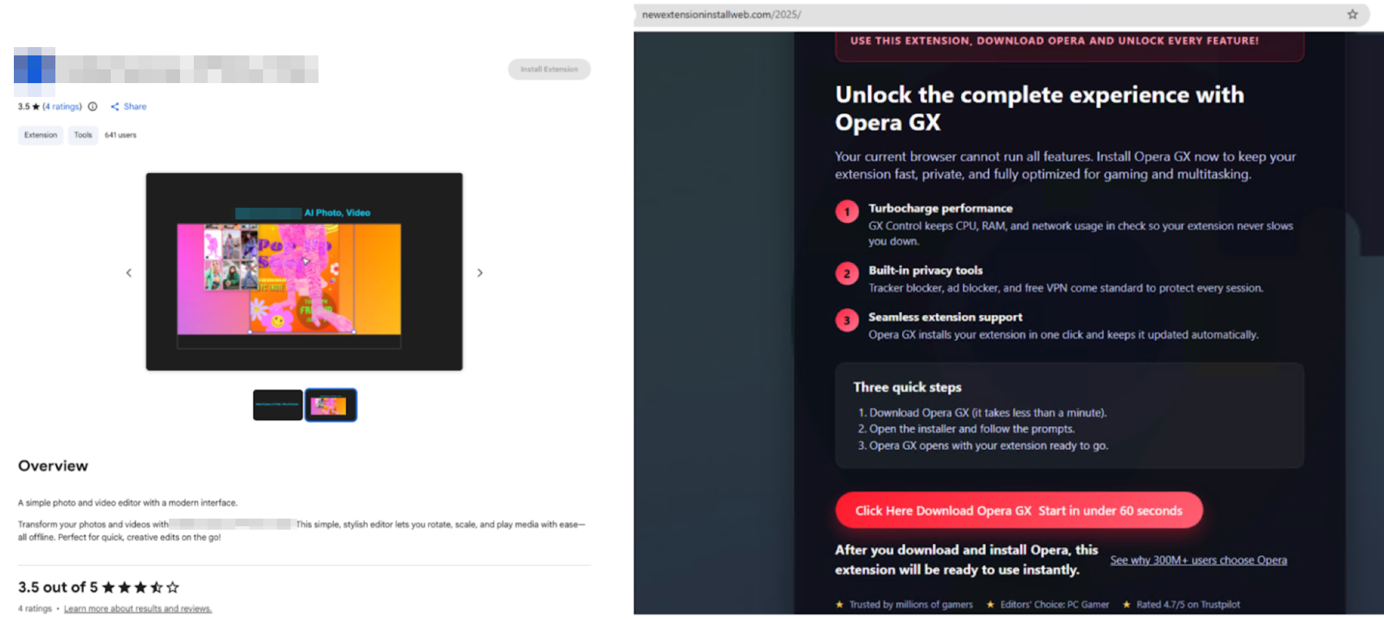 Screenshot showing a webpage with two sections. The left side displays a blurred image with a 3.5-star rating and an overview text. The right side promotes Opera GX with features like tech and privacy tools, a seamless extension support, and quick setup steps.