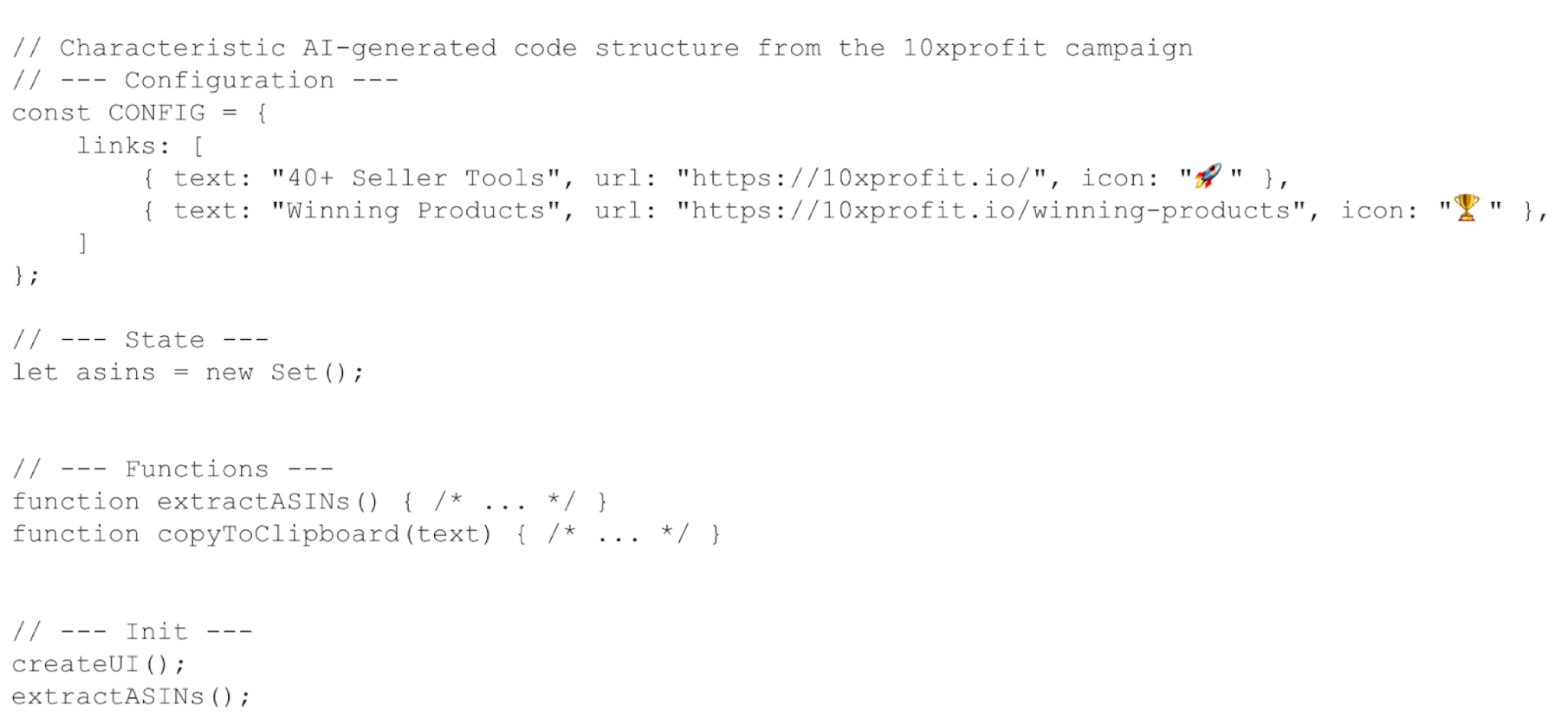 Screenshot of a code snippet showing a configuration for links in a JavaScript object with comments detailing different sections: Configuration, State, Functions, and Init. 