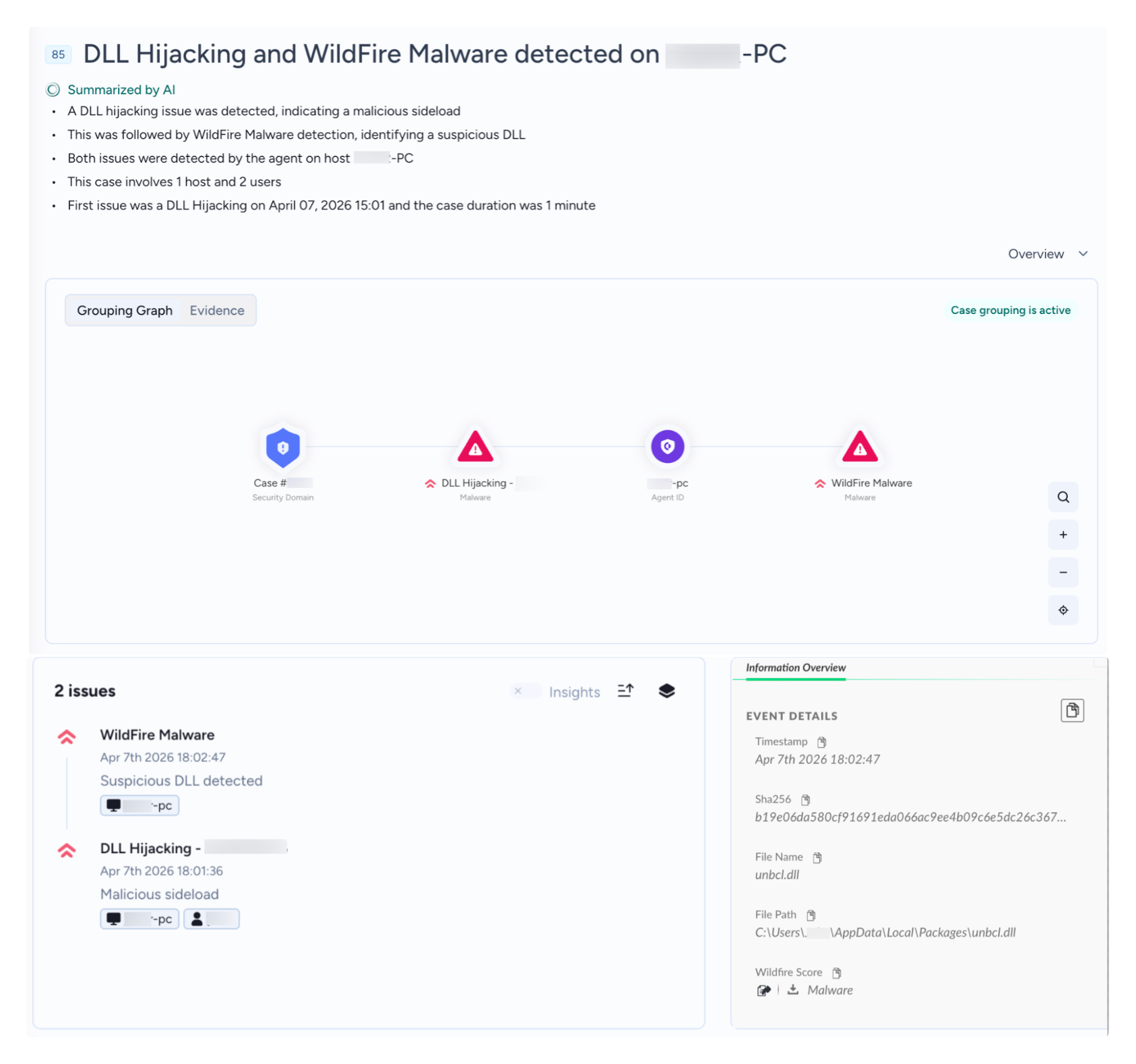 A screenshot of Cortex XDR report interface. The summary details a DLL Hijacking issue identified, involving WildFire Malware detection and a suspicious DLL. Two issues are listed: "WildFire Malware" with one alert for a suspicious DLL detected, and "DLL Hijacking" also with one alert. The event details section provides specific information, such as time, status, and path. The report also features a graph and information to the right side.