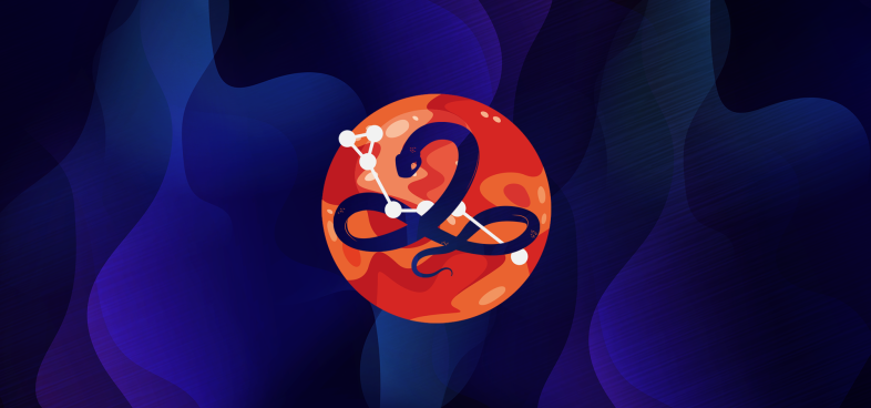 Pictorial representation of Screening Serpens. An illustrated blue snake is highlighted by a red circle against a night sky. The constellation serpens.