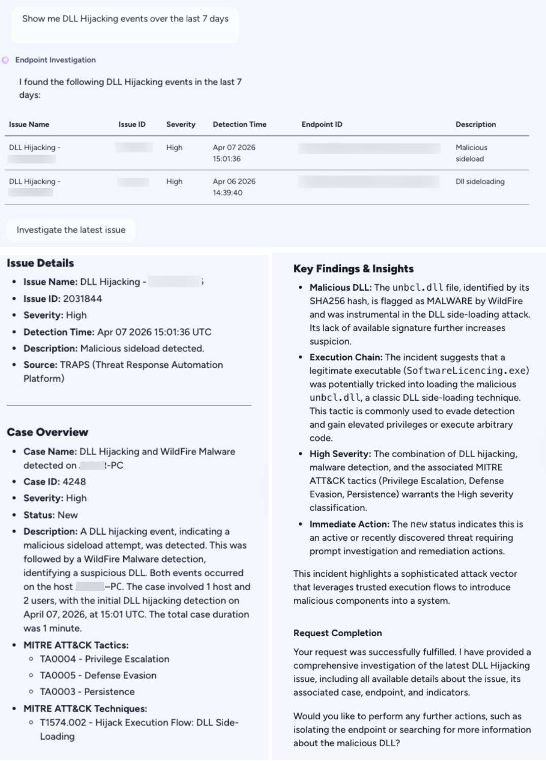 A screenshot of AngentiX report t detailing an 'Endpoint Investigation' about DLL hijacking events. It includes sections on issue details, key findings and insights, a case overview, and a request for further action. The report mentions techniques like DLL Sideloading and TRAPS (Threat Response Automation Service).