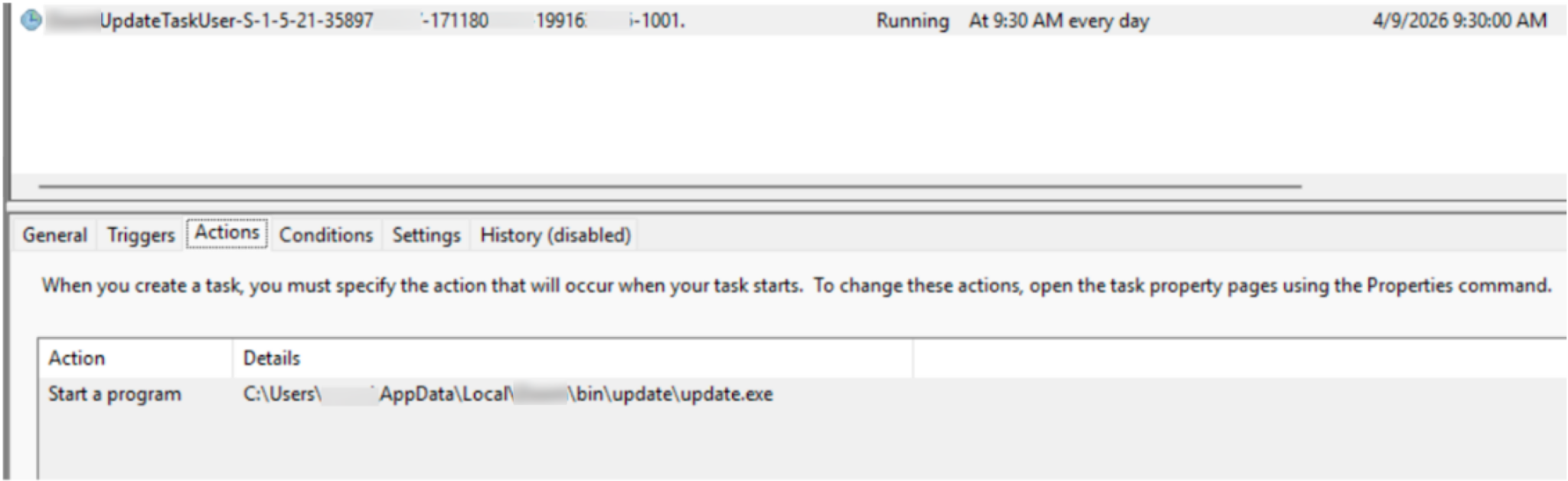 A screenshot of the Task Scheduler interface displays a task running daily at 8:30 AM. The task is set to start a program. The interface includes tabs: General, Triggers, Actions, Conditions, Settings, and History (disabled).