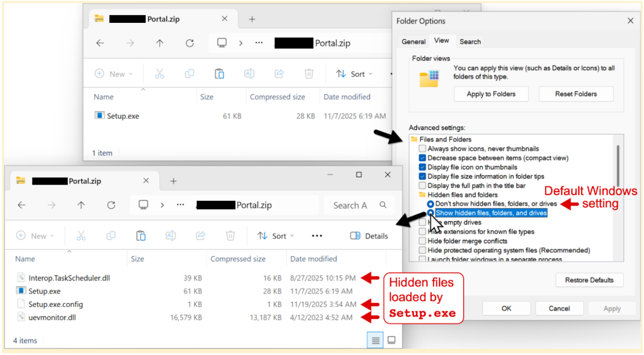 Contents of the Portal.zip archive containing hidden files, with uevmonitor.dll used as the payload for the attack (Source : Unit42). 