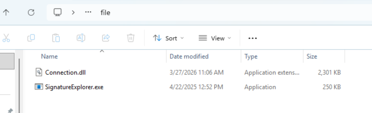 Screenshot of a file explorer window displaying two files, with their names, modification date and time and sizes listed. Navigation and sorting options are visible at the top.