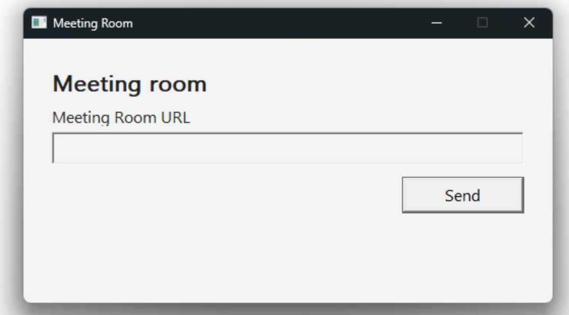 A screenshot of a software window titled "Meeting Room." It contains a text box labeled "Meeting Room URL" and a "Send" button.