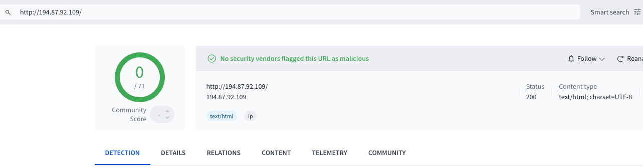 Screenshot of a VirusTotal webpage analyzing a URL. The analysis shows 0 out of 71 security vendors flagged the URL as malicious. Status is 200 with the content type listed. Tabs for details, relations, content, telemetry, and community are visible.