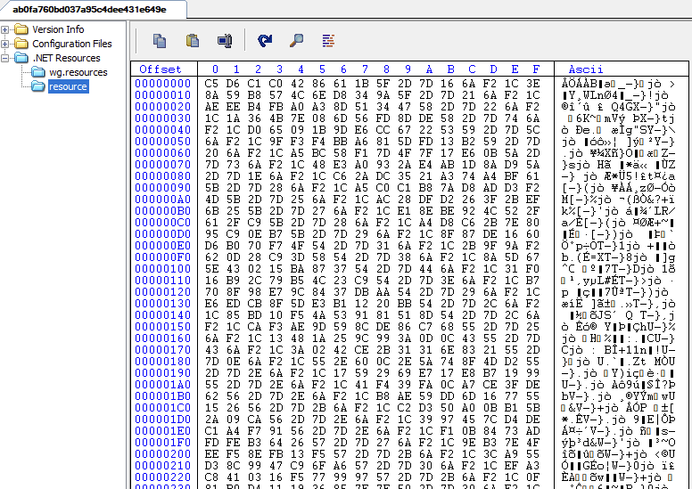 Screenshot of a hex editor displaying hexadecimal code on the right pane and a directory tree on the left, including folders like "Version Info" and "Configuration Files." The displayed code includes both hexadecimal and ASCII representations.