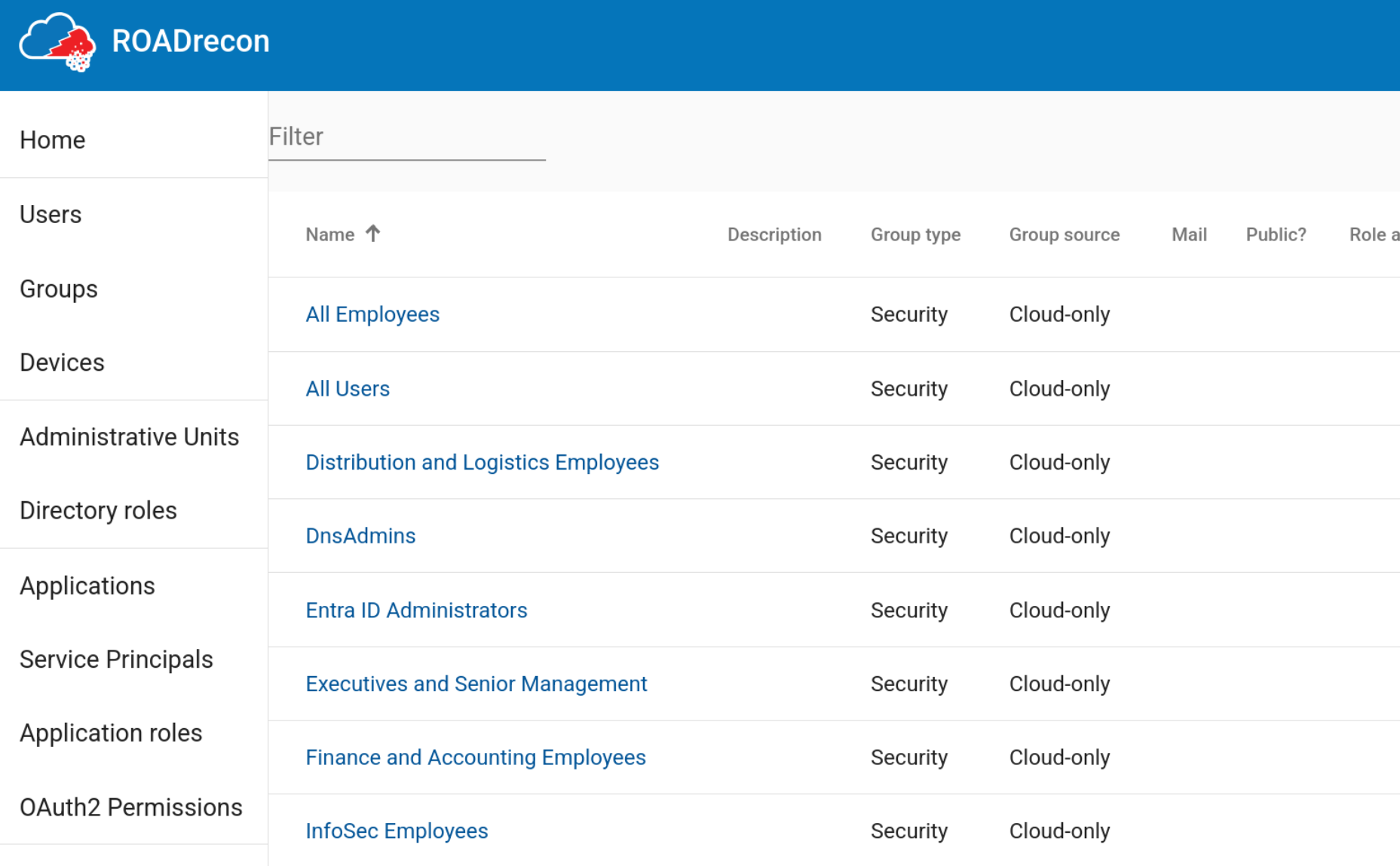 A screenshot of the ROADrecon interface displays a menu on the left with options like Home, Users, and Administrative Units. The main area shows a list with headings: Name, Description, Group type, and Group source. The list includes groups such as "All Users" and others.