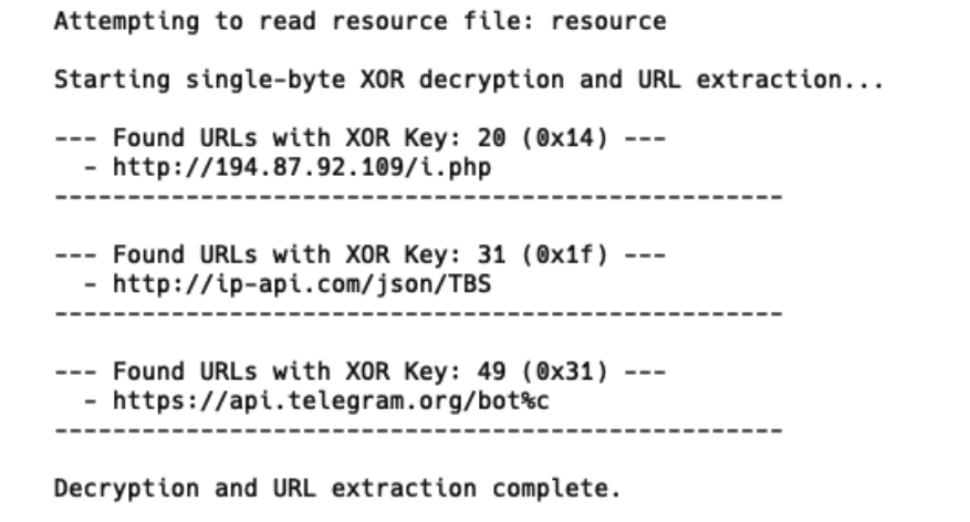 Screenshot of a text document showing a process for XOR decryption and URL extraction. The text notes successful URL findings with keys 20, 31, and 49. The process concludes with a message stating "Decryption and URL extraction complete".
