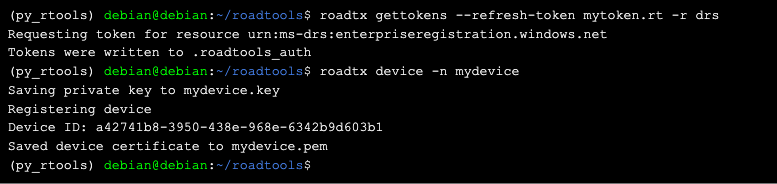 Terminal window displaying commands for obtaining and saving tokens for 'mydevice' using 'roadtx,' a private key, and device ID starting. The process includes requesting a token from enterprise registration on a Windows network and saving a device certificate.