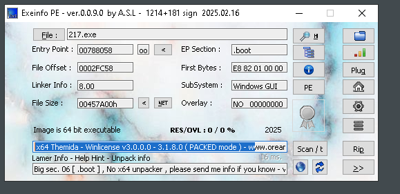 Screenshot of Exeinfo PE software window displaying file information. The header shows version 0.0.9.0 by A.S.L. The main section includes details about a file named '217.exe', such as entry point, file offset, and subsystem. A section below highlights "(PACKED mode)". Various buttons and icons are visible on the right