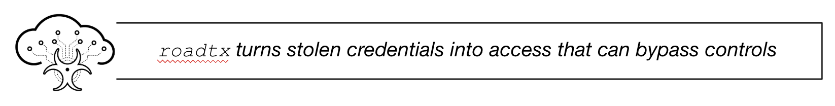 Callout box with an icon of a cloud with circuit lines and the biohazard symbol paired with text that reads, "roadtx turns stolen credentials into access that can bypass controls."