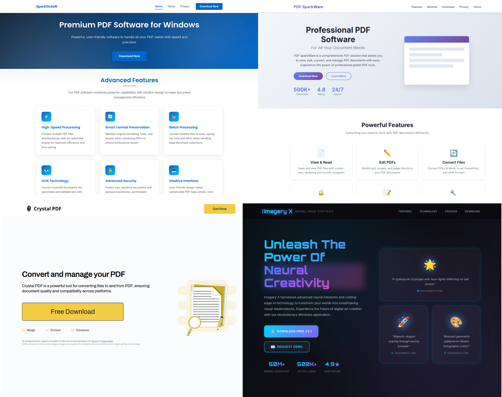 Screenshots of four website homepages in a collage advertising PDF software. The top left shows "Sonic PDF" offering premium PDF software for Windows with advanced features. The top right is "PDF SuperDrive," highlighting professional PDF software and its user base stats. The bottom left is "Crystal PDF," featuring a free download for PDF conversion and management. The bottom right is "ImageryX," promoting neural creativity with vibrant visuals.