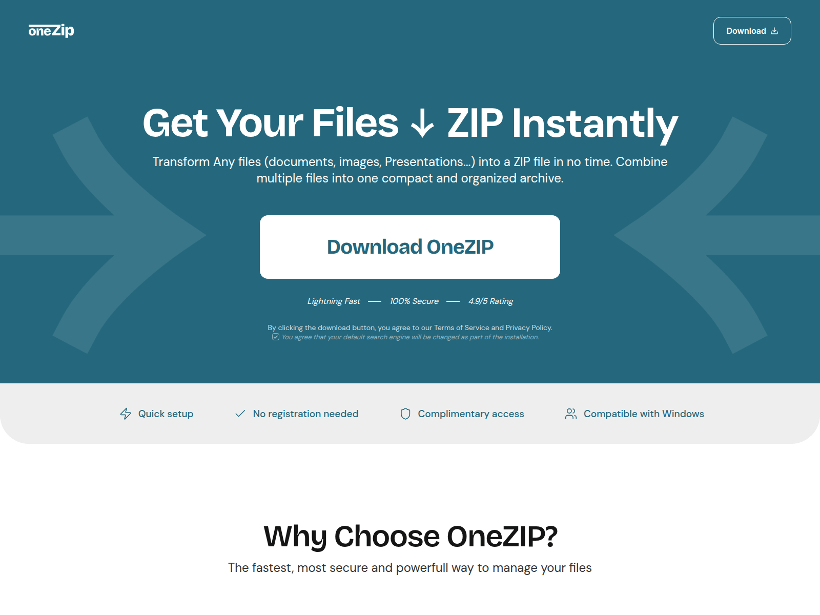 Screenshot of the OneZIP website homepage. It features a prominent "Download OneZIP" button, with text promoting the tool's features: instant file conversion to ZIP, security, and high user rating. The page highlights benefits like lightning-fast speed, no registration, and Windows compatibility.