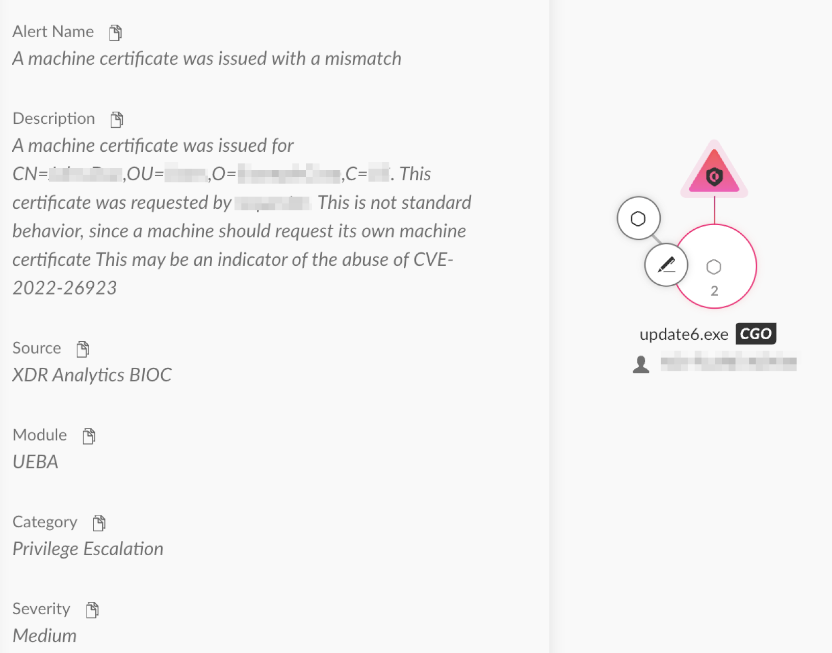 Cortex XDR alert with diagram showing a file named update6.exe. Text indicates a machine certificate was issued with a mismatch, indicating abuse related to CVE-2022-26923. Some identifying information is redacted. 