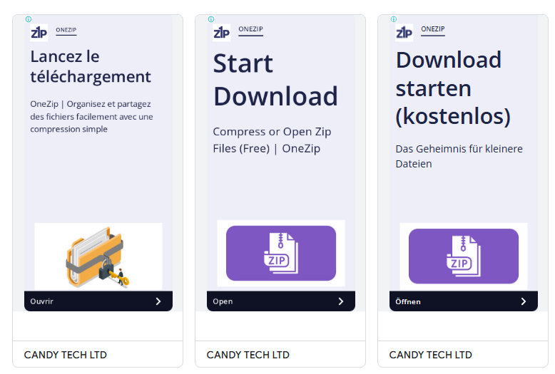 Screenshots of three adjacent banners promoting OneZip's file compression service in French, English, and German. Each banner has the OneZip logo and a download button featuring a zipped folder icon. The company name "Candy Tech Ltd" is displayed at the bottom of each banner.