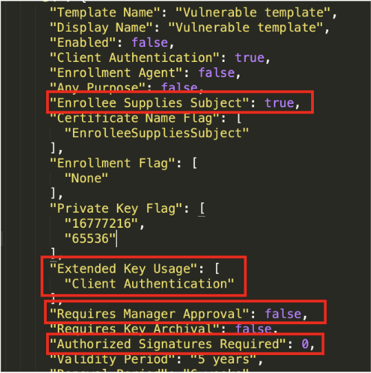A screenshot of a code snippet displaying JSON configuration related to a Vulnerable template with different sections highlighted in red. 