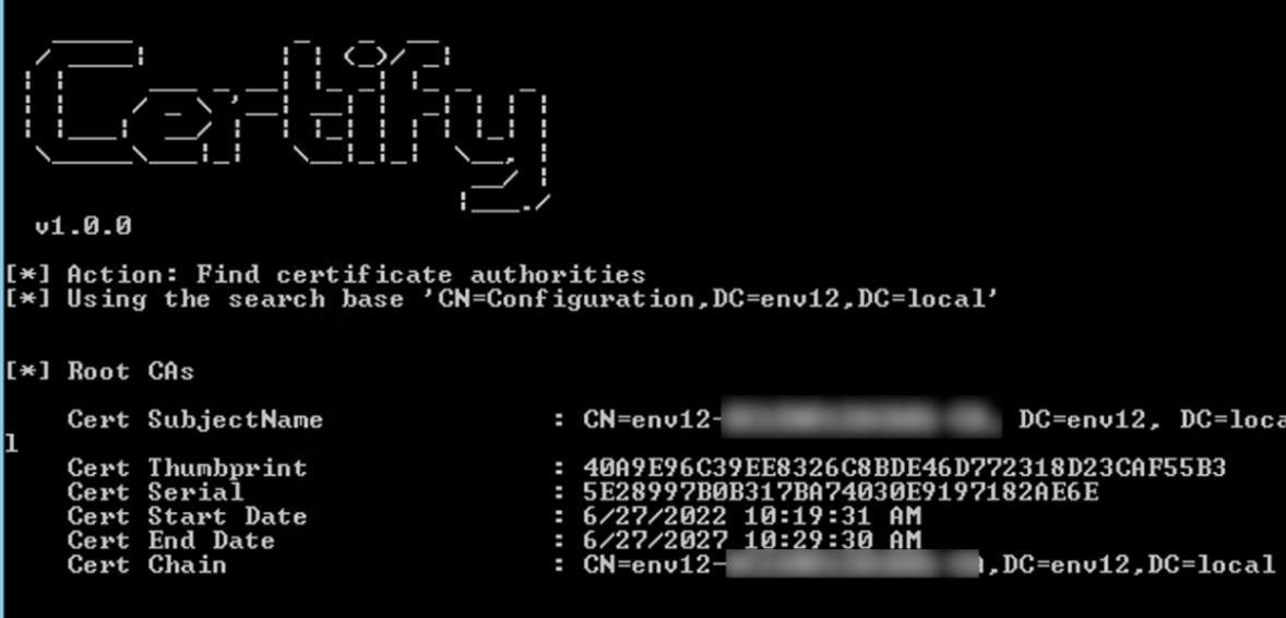 The image shows a computer screen with a program called "Certify" in ASCII art text. Below, instructions are given to find certificate authorities using the search base "CN=Configuration,DC=env12,DC=local". It displays a list under "Root CAs" with details such as certificate thumbprints and serial numbers, along with date and time stamps.