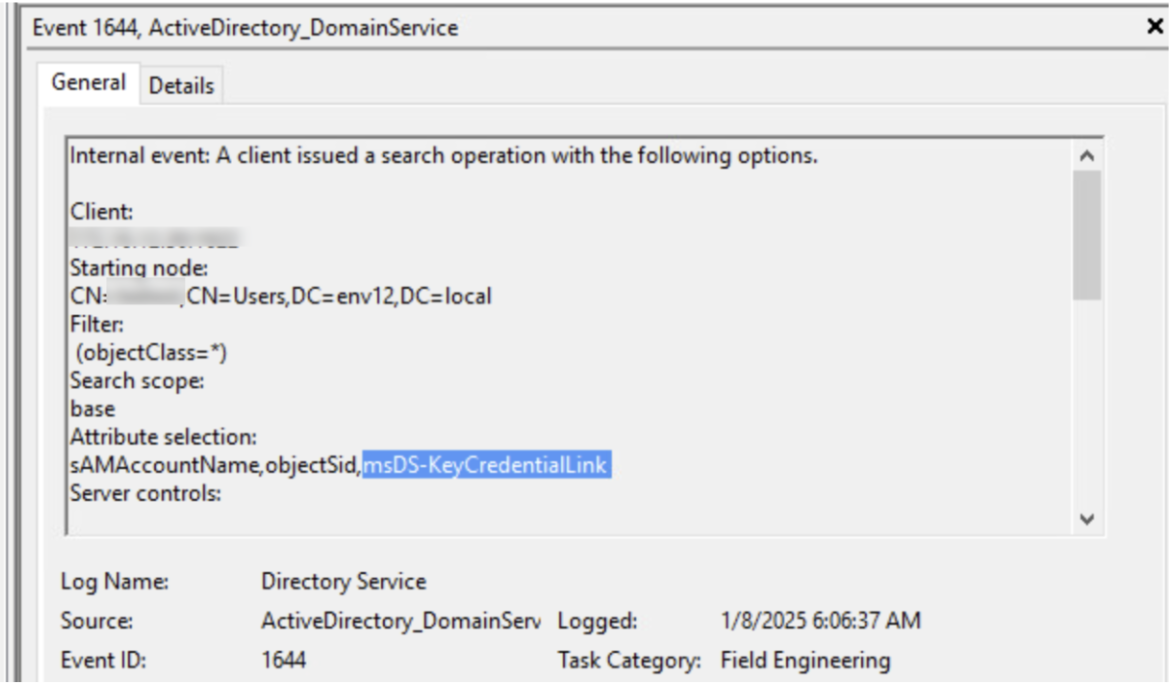 The image shows a screenshot of an Event 1644 from Active Directory Domain Service. The event details include an internal client event.