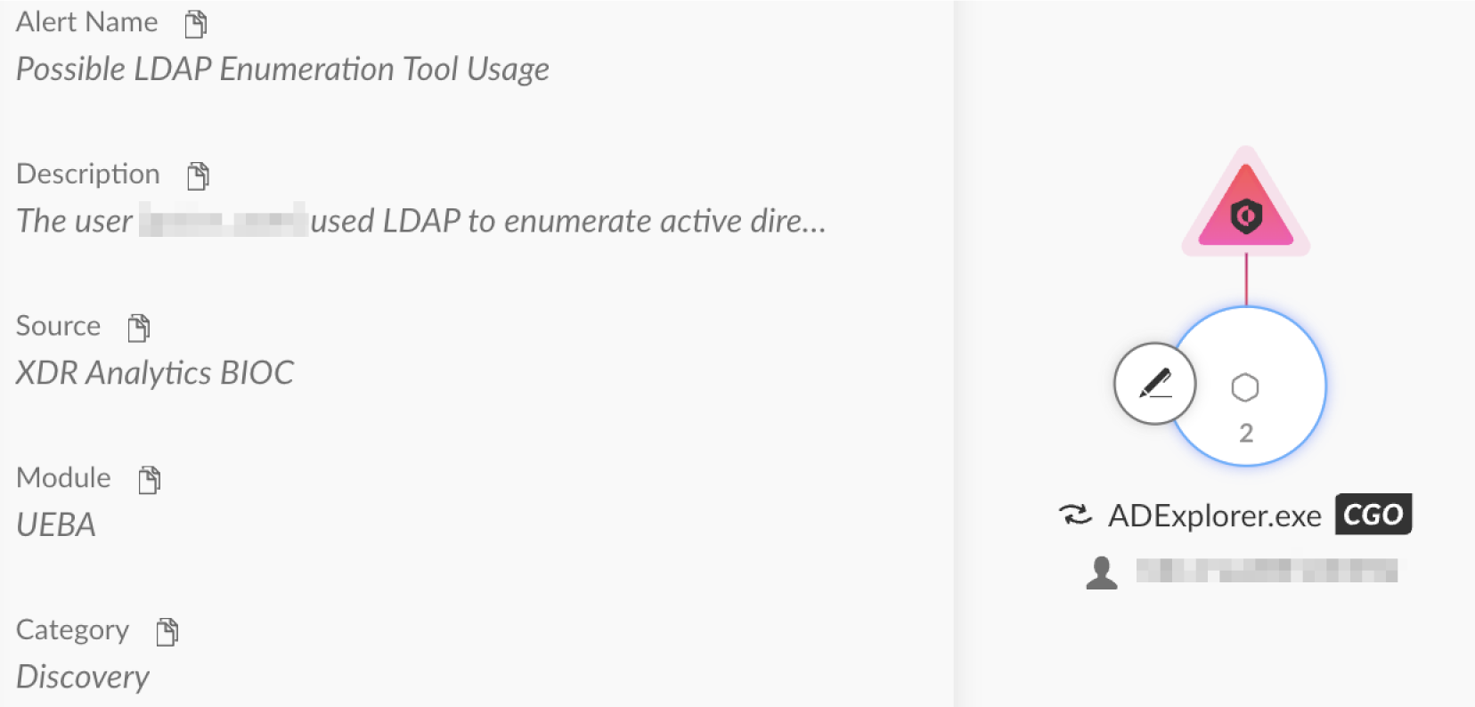Cortex XDR alert for "Possible LDAP Enumeration Tool Usage." It includes sections labeled "Description," "Source," and "Module," with text partially masked. On the right, a diagram features a circular element connected to a red triangle with an exclamation mark, indicating an alert. "ADExplorer.exe" and "CGO" are displayed below the diagram. Some identifying information is redacted. 