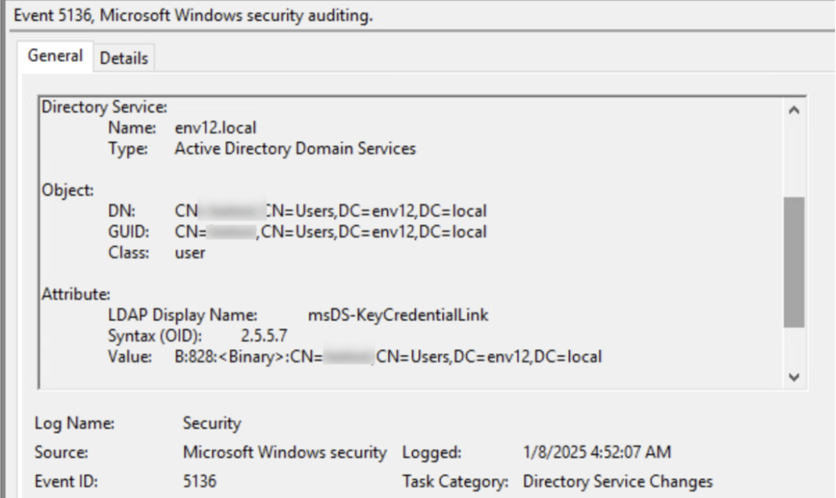 Screenshot of a Microsoft Windows security auditing event log for event ID 5136. The active directory domain service is "env12.local" with various distinguished names (DNs) and a GUID partially blurred. 