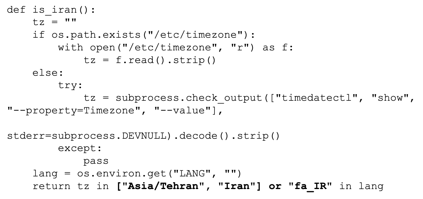 L’image montre un extrait de code Python vérifiant si le fuseau horaire est défini sur l’Iran. 