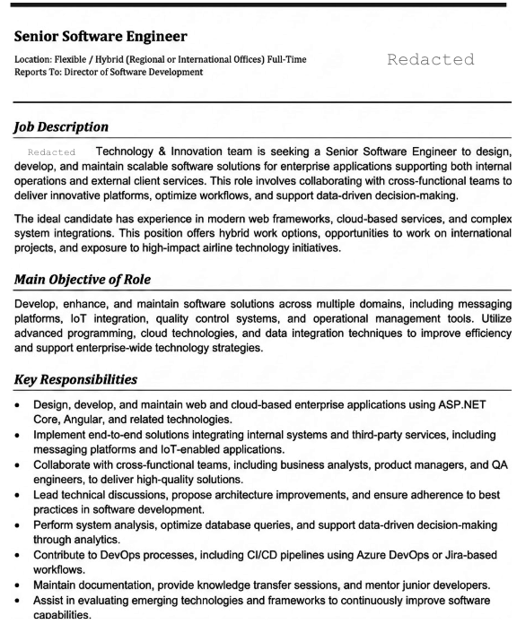 A screenshot of a job description for a Senior Software Engineer at a technology and innovation team. The role involves software solutions for businesses, collaboration with cross-functional teams, and process optimization. Key responsibilities include developing applications, maintaining software, supporting integration, resolving issues, and developing technology strategies. The position mentions collaboration, cloud-based systems, and database management.